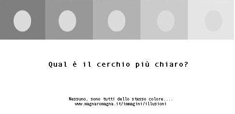 Guarda i cinque cerchi nella figura seguente e rispondi alla domanda: qual è il cerchio più chiaro? In realtà ti appaiono diversi, ma sono tutti dello stesso colore, è un'illusione ottica!